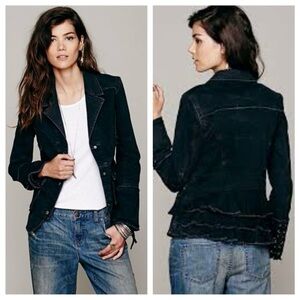 Free People Black Distressed Fitted Jacket with Ruffle Back & Lace-up Cuffs